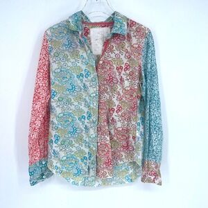 Cino Top Womens S Red Floral Patchwork  Button Up Boho Western Colorful Cowgirl